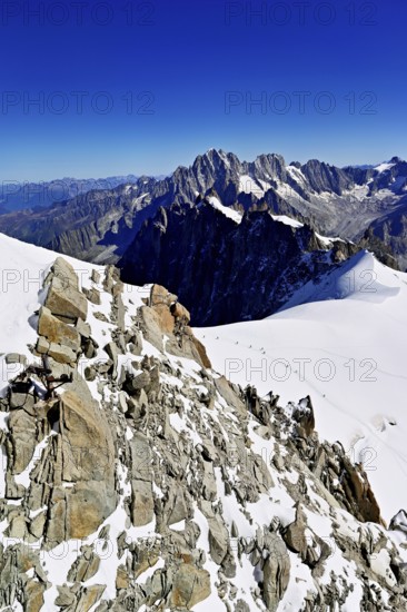View from the Aiguille du Midi mountain station observation deck of the mountains Aiguille Vert, Les Droites, Les Courtes, Chamonix-Mont-Blanc, Haute-Savoie, France