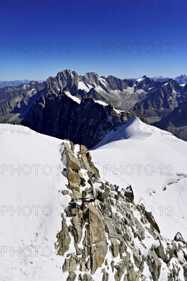 View from the Aiguille du Midi mountain station observation deck of the mountains Aiguille Vert, Les Droites, Les Courtes, Chamonix-Mont-Blanc, Haute-Savoie, France
