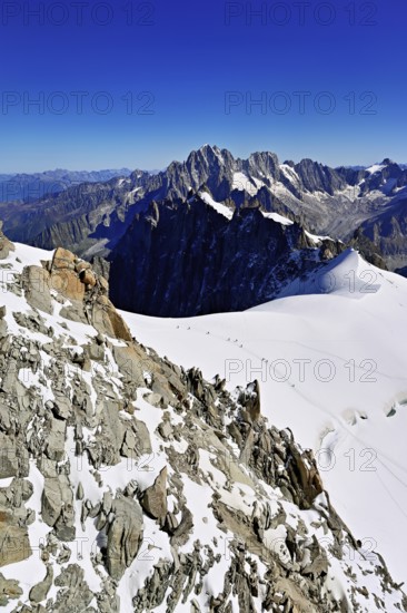 View from the Aiguille du Midi mountain station observation deck of the mountains Aiguille Vert, Les Droites, Les Courtes, Chamonix-Mont-Blanc, Haute-Savoie, France
