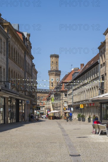Pedestrian zone with town hall tower, city center, Fürth, Middle Franconia, Franconia, Bavaria, Germany