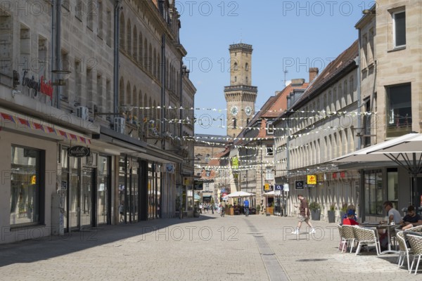 Pedestrian zone with town hall tower, city center, Fürth, Middle Franconia, Franconia, Bavaria, Germany