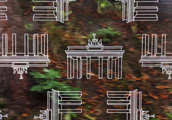 Subway window covered with Brandenburg Gate pattern film to protect against scratching while driving, Berlin, Germany