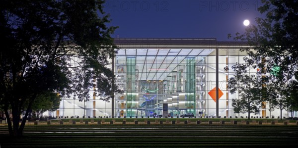 Paul Löbe House with full moon in the evening, west side, government district, Berlin-Mitte, Berlin, Germany