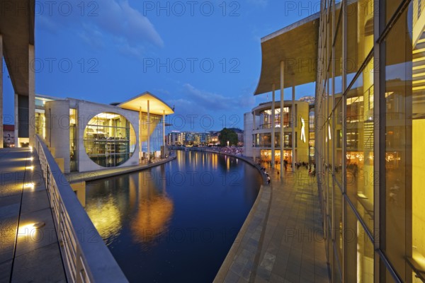 Marie-Elisabeth-Lüders-Haus and Paul-Löbe-Haus with the river Spree in the evening, government district, Berlin-Mitte, Berlin, Germany