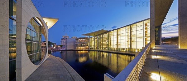 Marie-Elisabeth-Lüders-Haus and Paul-Löbe-Haus with the river Spree in the evening, government district, Berlin-Mitte, Berlin, Germany