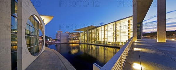 Marie-Elisabeth-Lüders-Haus and Paul-Löbe-Haus with the river Spree in the evening, government district, Berlin-Mitte, Berlin, Germany