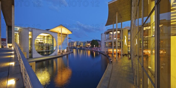 Marie-Elisabeth-Lüders-Haus and Paul-Löbe-Haus with the river Spree in the evening, government district, Berlin-Mitte, Berlin, Germany
