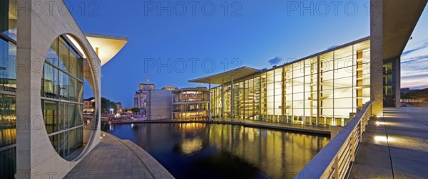 Marie-Elisabeth-Lüders-Haus and Paul-Löbe-Haus with the river Spree in the evening, government district, Berlin-Mitte, Berlin, Germany