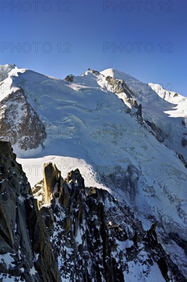 Mont Blanc du Tacul covered with snow from the left, Mont Maudit, Mont-Blanc, Aiguille du Midi mountain station viewing platform, Chamonix-Mont-Blanc, Haute-Savoie, France