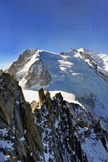 Mont Blanc du Tacul covered with snow from the left, Mont Maudit, Mont-Blanc, Aiguille du Midi mountain station viewing platform, Chamonix-Mont-Blanc, Haute-Savoie, France