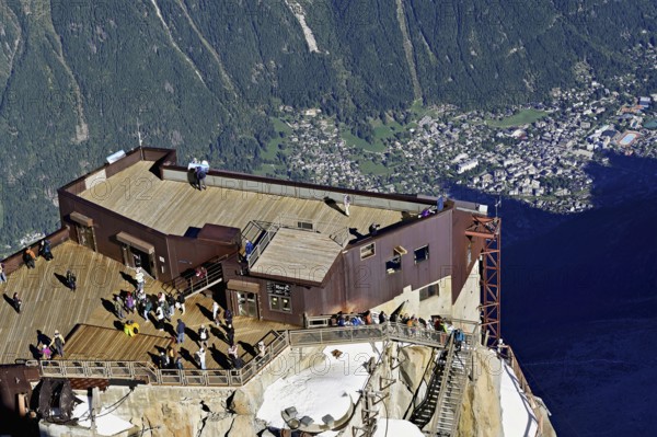 Aiguille du Midi mountain station viewing platform, with view of Chamonix-Mont-Blanc, Haute-Savoie, France