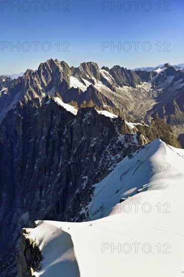 View from the Aiguille du Midi mountain station observation deck of the mountains Aiguille Vert, Les Droites, Les Courtes, Chamonix-Mont-Blanc, Haute-Savoie, France