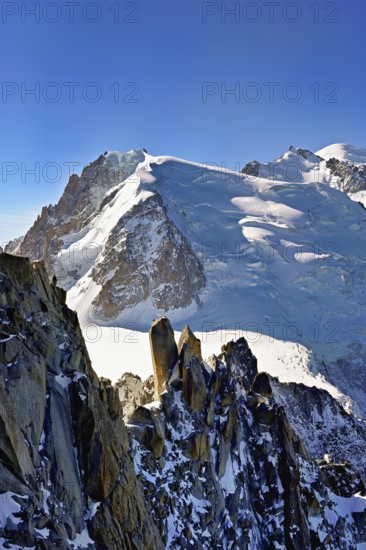 Mont Blanc du Tacul covered with snow from the left, Mont Maudit, Mont-Blanc, Aiguille du Midi mountain station viewing platform, Chamonix-Mont-Blanc, Haute-Savoie, France