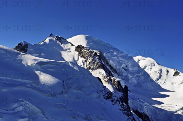 Mont Maudit covered with snow from the left, Mont-Blanc, Aiguille du Midi mountain station viewing platform, Chamonix-Mont-Blanc, Haute-Savoie, France