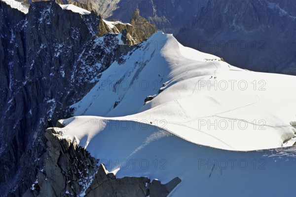 Snow-covered mountain ridge, Aiguille du Midi mountain station viewing platform, Chamonix-Mont-Blanc, Haute-Savoie, France