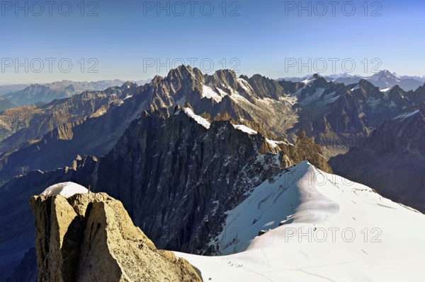 View from the Aiguille du Midi mountain station observation deck of the mountains Aiguille Vert, Les Droites, Les Courtes, Chamonix-Mont-Blanc, Haute-Savoie, France