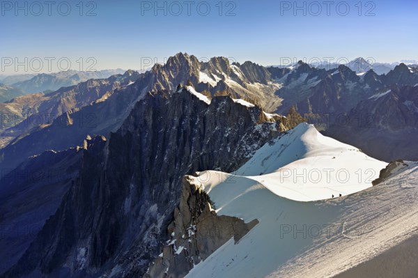 View from the Aiguille du Midi mountain station observation deck of the mountains Aiguille Vert, Les Droites, Les Courtes, Chamonix-Mont-Blanc, Haute-Savoie, France