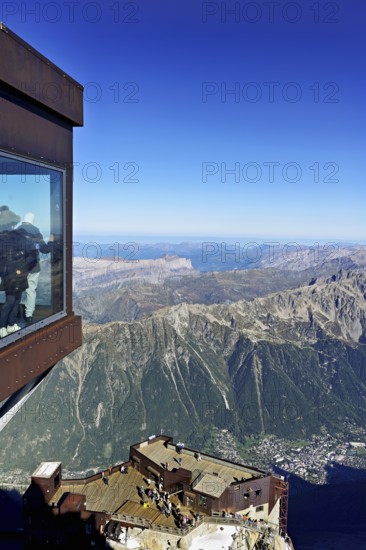 Aiguille du Midi mountain station viewing platform, with view of Chamonix-Mont-Blanc, Haute-Savoie, France