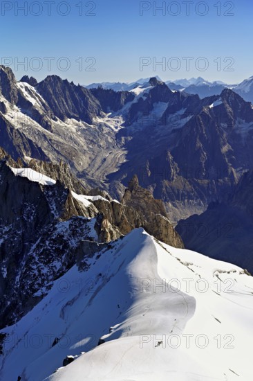 View from the Aiguille du Midi mountain station observation deck of the mountains Les Droites, Les Courtes, Chamonix-Mont-Blanc, Haute-Savoie, France