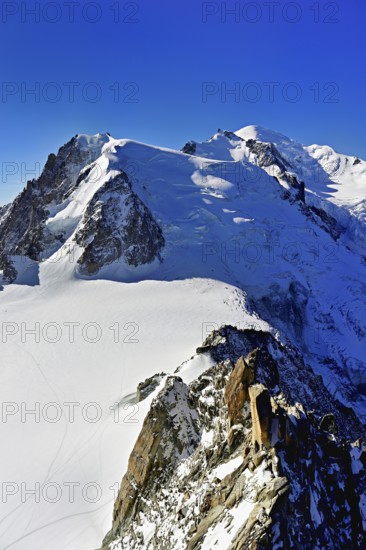 Mont Blanc du Tacul covered with snow from left, Mont Maudit, Mont-Blanc, viewing platform, mountain station, Aiguille du Midi, Chamonix-Mont-Blanc, Haute-Savoie, France
