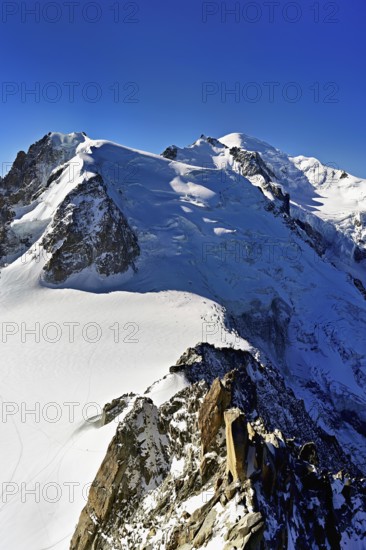 Mont Blanc du Tacul covered with snow from the left, Mont Maudit, Mont-Blanc, Aiguille du Midi mountain station viewing platform, Chamonix-Mont-Blanc, Haute-Savoie, France
