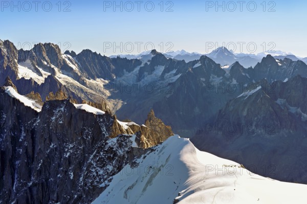 View from the Aiguille du Midi mountain station observation deck of the mountains Les Droites, Les Courtes, Chamonix-Mont-Blanc, Haute-Savoie, France