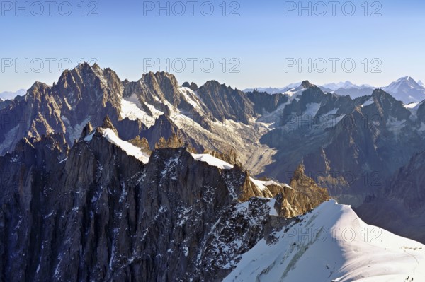 View from the Aiguille du Midi mountain station observation deck of the mountains Aiguille Vert, Les Droites, Les Courtes, Chamonix-Mont-Blanc, Haute-Savoie, France