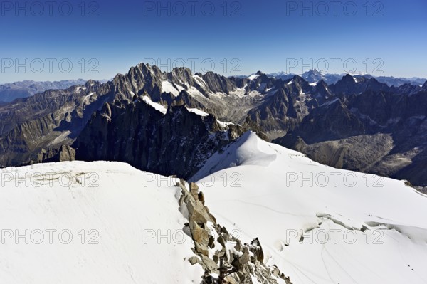View from the Aiguille du Midi mountain station observation deck of the mountains Aiguille Vert, Les Droites, Les Courtes, Chamonix-Mont-Blanc, Haute-Savoie, France