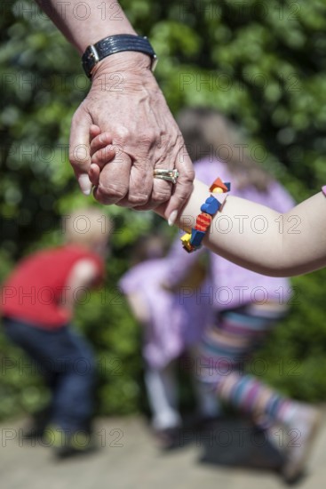 DEU Germany Germany Pattensen Old hand holding young hand in a multi-generation house in Pattensen near Hanover