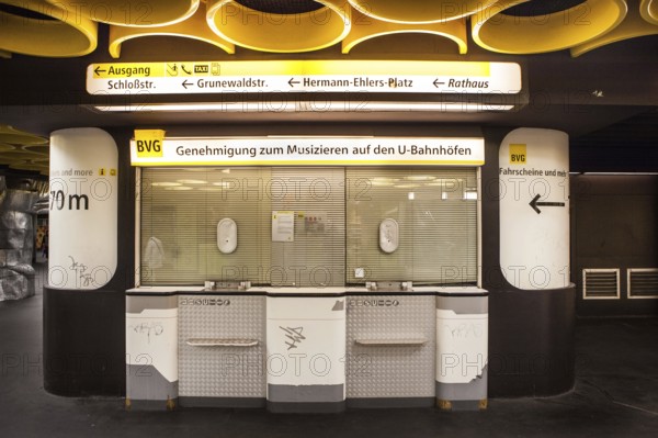 DEU Germany Germany Berlin Closed BVG sales counters at Rathaus Steglitz station, where musicians can buy permission to play music at subway stations