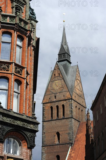 Rath's pharmacy and market church tower, Old Town, Hanover, Lower Saxony, Germany
