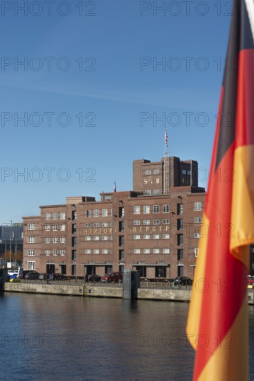 Harbor, Baltic Sea, Kiel Fjord, shipping traffic, wharf, pier, Sartori Berger Speicher, red brick building, architecture, Germany flag, sunshine, blue sky, Schleswig-Holstein, Germany