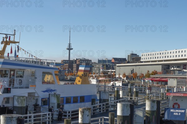Port, Baltic Sea, Kiel Fjord, shipping, harbor tour, historic paddle steamer Freya, regular ferry service, CAP adventure center, telecommunications tower or television tower, sunshine, blue sky, Schleswig-Holstein, Germany