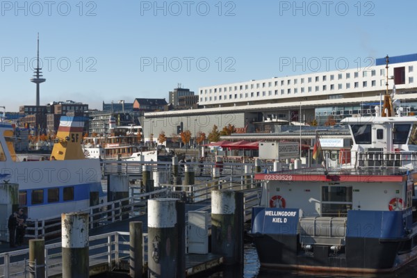 Port, Baltic Sea, Kiel Fjord, shipping, regular ferry service, CAP adventure center, telecommunications tower or television tower, sunshine, blue sky, Schleswig-Holstein, Germany