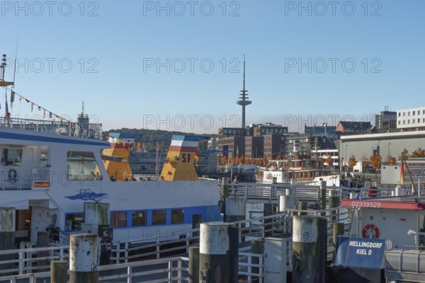 Harbour, Baltic Sea, city view Kiel, Kiel Fjord, shipping traffic, regular ferry service, telecommunications tower or television tower, sunshine, blue sky, Schleswig-Holstein, Germany