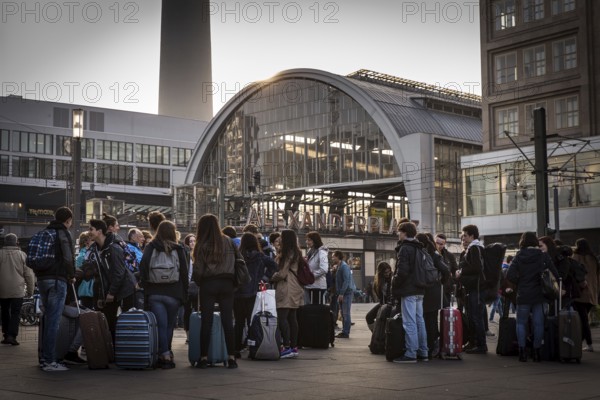 DEU Germany Germany Berlin Visiting students on Alexanderplatz. You will be picked up by host families