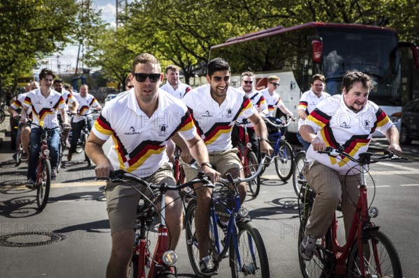 DEU Germany Germany Berlin A British Ruby team with their bikes and jerseys with the colors of the German national soccer team