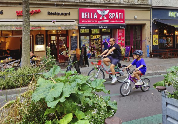 Shops with Fahrradstraße, Bergmannstraße in Kreuzberg, Berlin, Germany