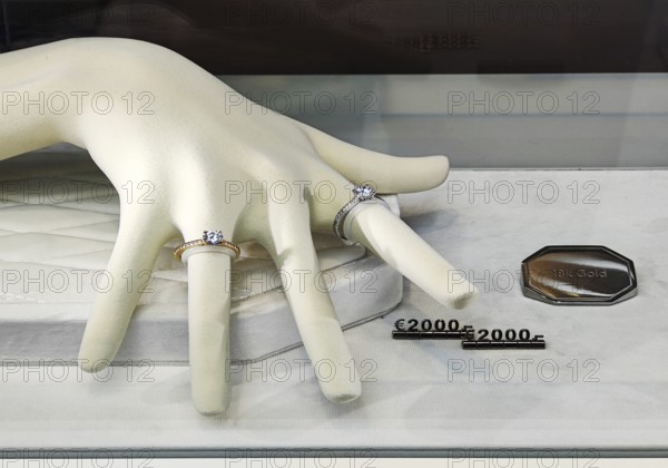 Very expensive rings made of 18k gold in a display by a jeweler in Tauentzienstraße, Luxuswaren, Charlottenburg, Berlin, Germany