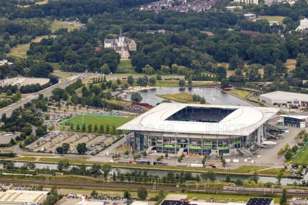 Volkswagen Arena of VfL Wolfsburg, Bundesliga football club, Volkswagenwerk Wolfsburg, Lower Saxony, Germany, Europe, aerial photo, birds-eyes view, aerial photography, aerial photography, overview, bird's eye view, Wolfsburg, Volkswagen, test track, emissions scandal, software manipulation