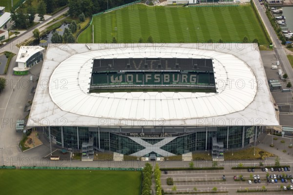 Volkswagen Arena of VfL Wolfsburg, Bundesliga football club, Volkswagenwerk Wolfsburg, Lower Saxony, Germany, Europe, aerial photo, birds-eyes view, aerial photography, aerial photography, overview, bird's eye view, Wolfsburg, Volkswagen, test track, emissions scandal, software manipulation