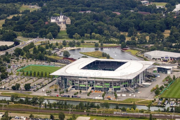 Volkswagen Arena of VfL Wolfsburg, Bundesliga football club, Volkswagenwerk Wolfsburg, Lower Saxony, Germany, Europe, aerial photo, birds-eyes view, aerial photography, aerial photography, overview, bird's eye view, Wolfsburg, Volkswagen, test track, emissions scandal, software manipulation