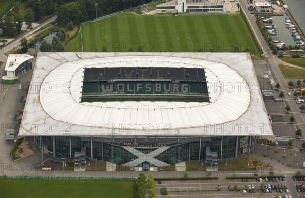 Volkswagen Arena of VfL Wolfsburg, Bundesliga football club, Volkswagenwerk Wolfsburg, Lower Saxony, Germany, Europe, aerial photo, birds-eyes view, aerial photography, aerial photography, overview, bird's eye view, Wolfsburg, Volkswagen, test track, emissions scandal, software manipulation