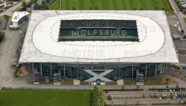 Volkswagen Arena of VfL Wolfsburg, Bundesliga football club, Volkswagenwerk Wolfsburg, Lower Saxony, Germany, Europe, aerial photo, birds-eyes view, aerial photography, aerial photography, overview, bird's eye view, Wolfsburg, Volkswagen, test track, emissions scandal, software manipulation