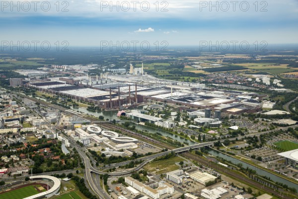 Volkswagen plant Wolfsburg with Autostadt and The Ritz Carlton Hotel, Lower Saxony, Germany, Europe, aerial photo, birds-eyes view, aerial photography, aerial photography, overview, bird's eye view, Wolfsburg, Volkswagen, test track, emissions scandal, software manipulation