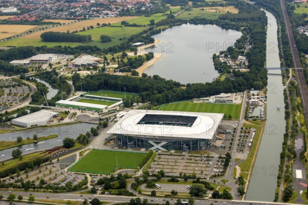 Volkswagen Arena of VfL Wolfsburg, Bundesliga football club, Volkswagenwerk Wolfsburg, Lower Saxony, Germany, Europe, aerial photo, birds-eyes view, aerial photography, aerial photography, overview, bird's eye view, Wolfsburg, Volkswagen, test track, emissions scandal, software manipulation