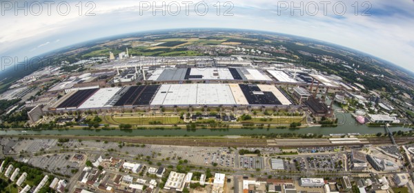 Volkswagen plant Wolfsburg with Autostadt and The Ritz Carlton Hotel, fish-eye-lens, Lower Saxony, Germany, Europe, aerial view, birds-eyes view, aerial photography, aerial photography, overview, bird's-eye view, Wolfsburg, Volkswagen, test track, emissions scandal, software manipulation