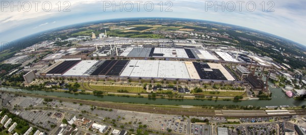 Volkswagen plant Wolfsburg with Autostadt and The Ritz Carlton Hotel, fish-eye-lens, Lower Saxony, Germany, Europe, aerial view, birds-eyes view, aerial photography, aerial photography, overview, bird's-eye view, Wolfsburg, Volkswagen, test track, emissions scandal, software manipulation