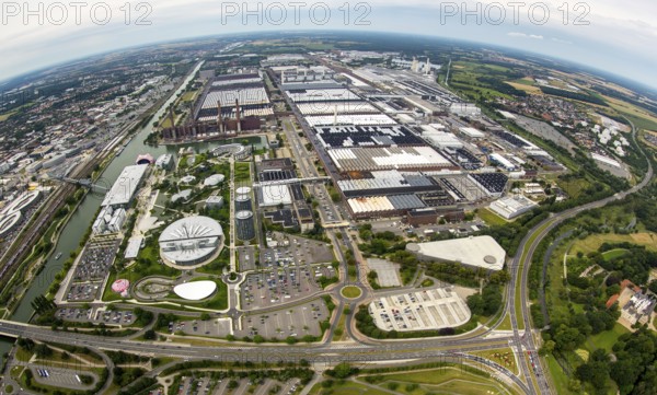 Volkswagen plant Wolfsburg with Autostadt and The Ritz Carlton Hotel, fish-eye-lens, Lower Saxony, Germany, Europe, aerial view, birds-eyes view, aerial photography, aerial photography, overview, bird's-eye view, Wolfsburg, Volkswagen, test track, emissions scandal, software manipulation