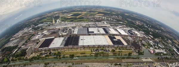 Volkswagen plant Wolfsburg with Autostadt and The Ritz Carlton Hotel, fish-eye-lens, Lower Saxony, Germany, Europe, aerial view, birds-eyes view, aerial photography, aerial photography, overview, bird's-eye view, Wolfsburg, Volkswagen, test track, emissions scandal, software manipulation